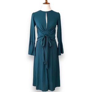 Tome Fit & Flare Midi Dress Teal Blue Bell Sleeve Tie Waist Keyhole Size 2